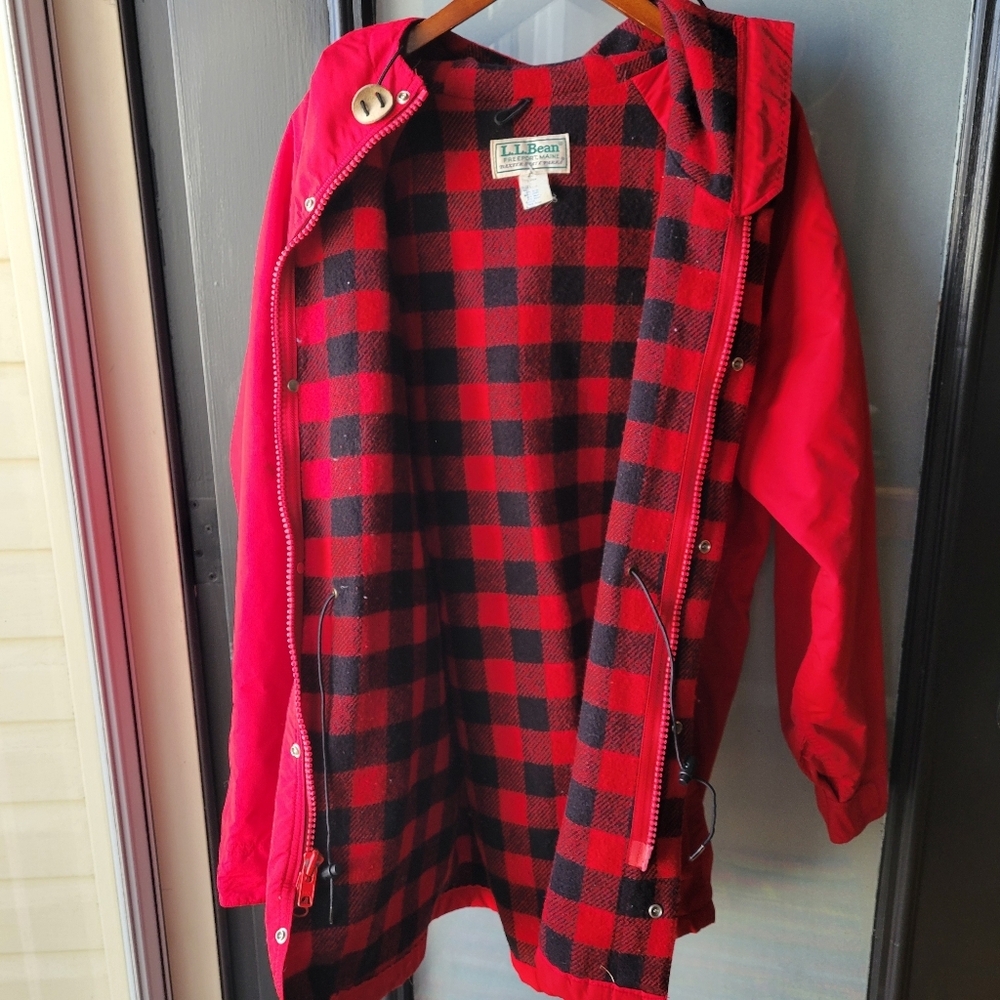Vintage LL Bean Baxter State Parka Jacket Plaid Wool Lined Hood Red Womens Large - Picture 7 of 16